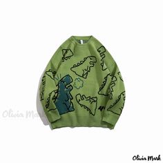 Olivia Mark - Cute Dinosaur Cartoon Knitted Sweater for Couples - Loose-Fit Pullover for Stylish Outfits Male Sweaters, Dinosaur Sweater, Dinosaur Cartoon, Hiphop Streetwear, Estilo Harajuku, Sweater Streetwear, Oversized Sweater Women, Pull Oversize, Oversize Casual