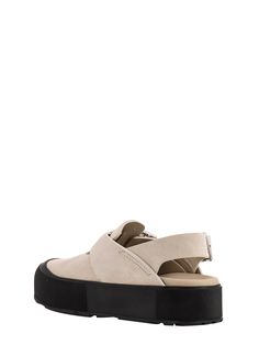 Upper: 100% Calf leather Sole: 100% Rubber Slip-on Slingback Sandals With Rubber Sole, Leather Slip-on Sandals With Removable Insole, Casual Suede Platform Sandals, Leather Slip-on Platform Sandals, Leather Platform Slip-on Sandals, Modern Sandals With Cushioned Footbed And Open Heel, Modern Slip-on Platform Sandals, Suede Sandals With Textured Sole And Round Toe, Leather Flat Platform Clogs