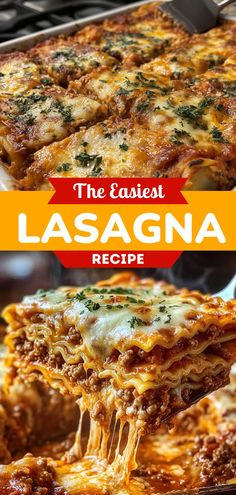 the lasagna is being lifted from the casserole dish