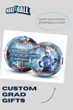 a baseball with the words custom grad gifts on it and an image of a man in