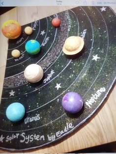 the solar system is shown on top of a wooden table