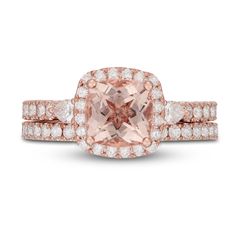 an engagement ring set with a cushion cut morganite and diamonds