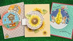 three handmade greeting cards with sunflowers and other items on them, one is for children's birthday