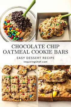 chocolate chip oatmeal cookie bars with text overlay