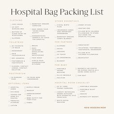 the hospital bag packing list is shown in black and white, with text on it