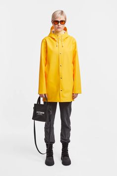 Stockholm Women Raincoat Yellow | STUTTERHEIM US Yellow Parka, Waterproof Rain Jacket, Raincoats For Women, Baby Cold, Waterproof Fabric, Metal Buttons, Dark Denim, Women Collection, Warm Weather