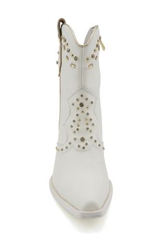 Polished studs and sparkling crystals put a contemporary spin on this stacked-heel Western boot. Leather upper/synthetic lining/leather sole Imported Leather Heeled Boots With Rhinestones And Round Toe, White Leather Boots With Rhinestones, Leather Boots With Rhinestone Rivets And Pointed Toe, Leather Boots With Rhinestones And Round Toe, Leather Rhinestone Boots With Round Toe, Leather Boots With Rhinestone Rivets And Round Toe, Western Boots Women, Western Boot, Sparkling Crystal