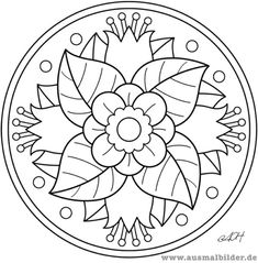 a black and white drawing of a flower in a circle with leaves on it's center