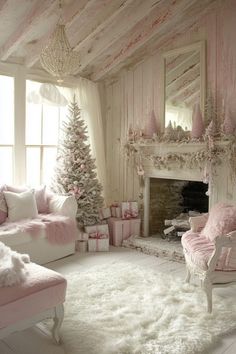 a living room decorated for christmas with pink and white decor