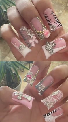 Duck Bling Nails, Duck Nails Ideas, Ribbon Nails Designs, Bling Duck Nails, Duck Nail Ideas, Medium Duck Nails, Duckies Nails, Duck Nails Design, Y2k Duck Nails