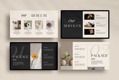 three different brochures with black and white designs