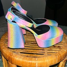 Women’s Size 10 Ankle Strap Chunky Heels, Width Is (M) Medium, Heel Height Is 3.5 Inches. Shoes Are New And Never Worn. Thanks For Looking. Trendy Rainbow Heels For Spring, Rainbow Platform Heels With Round Toe, Rainbow Open Toe Platform Heels, Rainbow Round Toe Platform Heels, Rainbow Heels With Round Toe For Summer, Rainbow Heels For Spring Party, Trendy Rainbow Round Toe Heels, Trendy Rainbow Heels With Round Toe, Multicolor Chunky Platform Heels