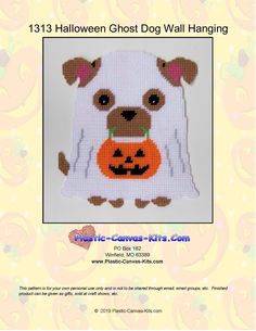 a dog with a pumpkin on it's chest is shown in this cross stitch pattern