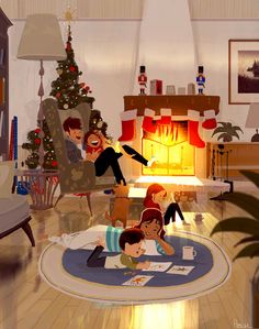 an animated family sitting on the floor in front of a christmas tree and fire place