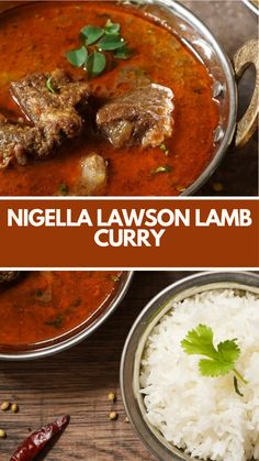 two pictures with different types of food in them and the words, ingella lawson lamb curry