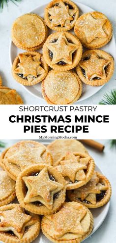 short crust pastry christmas mince pies recipe on a white plate with pine branches