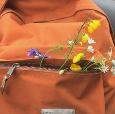 flowers are placed in the pocket of an orange backpack