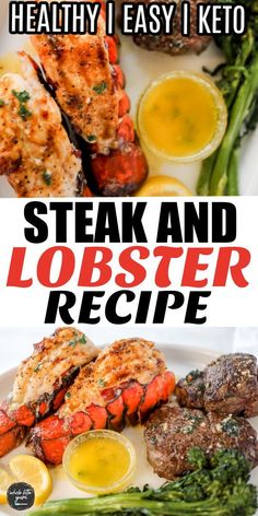 steak and lobster recipe on a plate with broccoli, asparagus and lemons