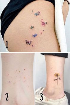 four pictures showing different types of tattoos on the back of women's stomachs