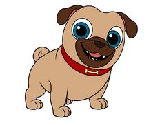 a cartoon pug dog with big blue eyes and a red collar standing in front of a white background