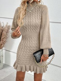 Turtleneck Lantern Sleeve Ruffle Hem Cable Knit Sweater Dress Apricot Elegant  Long Sleeve Knitwear Plain  Slight Stretch  Women Clothing, size features are:Bust: ,Length: ,Sleeve Length: Knitting Dress, Shein Sweater, Dress Ruffles, Bodycon Sweater Dress, Cable Knit Sweater Dress, Sweater Dresses, Sweater Dress Women, Women Sweater, Knit Sweater Dress