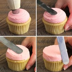 the process of decorating cupcakes with pink frosting