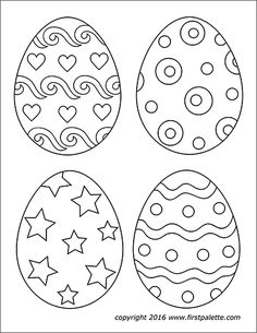 four decorated easter eggs with hearts and stars on the top, in black and white