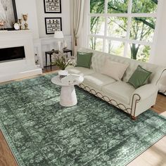 a living room filled with furniture and a large rug on top of a hard wood floor