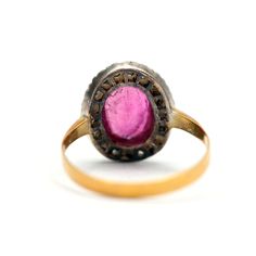 If you love glittery rose cut diamonds and hot pink juicy tourmalines, this ring is for you. Stones are set in silver to keep the diamonds white and sparkly, the band is solid buttery 18k yellow gold. Tourmaline measures 10mm x 8mm, ring face measures 13.69mm x 11.5mm. Ring size 7. Sizing available Layaway available Pink Ruby Ring With Single Cut Diamonds, Fine Jewelry Pink Ruby Ring With Single Cut Diamonds, Fine Jewelry Pink Ring With Single Cut Diamonds, Oval Ruby Rings With Single Cut Diamonds, Yellow Gold Tourmaline Rings With Rose Cut Diamonds, Silver Ruby Ring With Rose Cut Diamonds, Pink Oval Jewelry With Single Cut Diamonds, Oval Pink Jewelry With Single Cut Diamonds, Antique Pink Ruby Ring With Rose Cut Diamonds