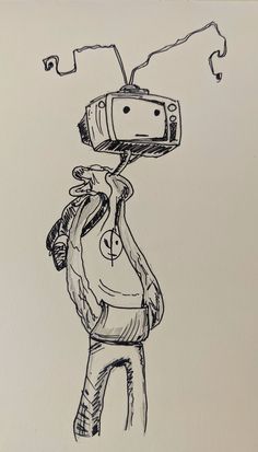 a drawing of a man with a camera on his head and hands in the air