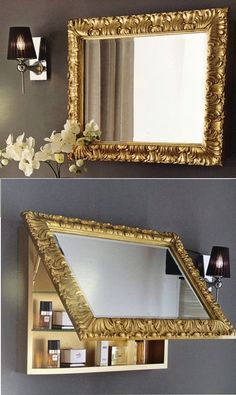 two pictures of a gold framed mirror on the wall