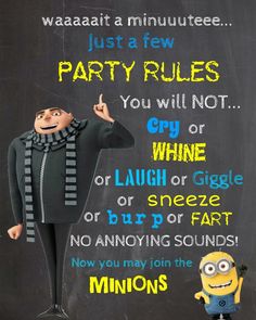 a minion pointing at a sign that says party rules, you will not cry while laughing