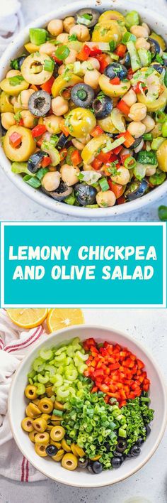 lemony chickpea and olive salad in a white bowl with the title above it