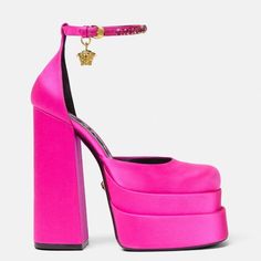 Authentic Versace Platform Heels. Selling Because I Only Wore Them Once In 2 Years. Making Rooms For New Items. Versace Pumps, Pink Platform Heels, Block Heel Platform Sandals, Catty Noir, Pink Platforms, Ankle Strap Block Heel, Purple Shoes, Platform Block Heels, Satin Pumps