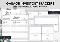 the garage inventory tracker is shown in black and white