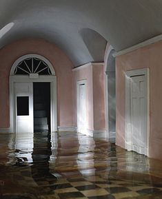 the hallway is flooded with water and there are doors leading to another room in the building