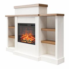 a white fireplace with two shelves and a fire place in the center, on an isolated white background