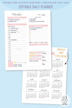 the editable daily planner is shown in pink and yellow