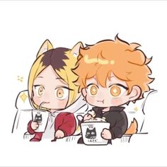 two anime characters sitting on a couch with coffee mugs in front of their faces