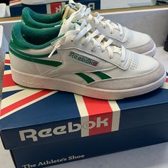 Brand New Size 11 Reebok Club C Revenge Green/White With Original Box!! Rebox Shoes Men, Rebox Shoes Outfit, Reebok Outfits, Reebok Club C Revenge Vintage, Reebok Classic Club C 85, Guys Shoes, Reebok Classic Club C, Golden Goose Sneakers Outfit, Reebok Club C Revenge