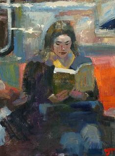 a painting of a woman reading a book