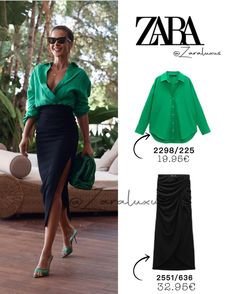 Zara Outfit Dress, Silk Shirt And Skirt Outfit, Outfit With Green Shirt, Zara Work Outfits Women, Zara Shirt Outfit, Zara Women Outfits, Zara Outfit Women, Green Shirt Outfits Women, Skirt And Shirt Outfits