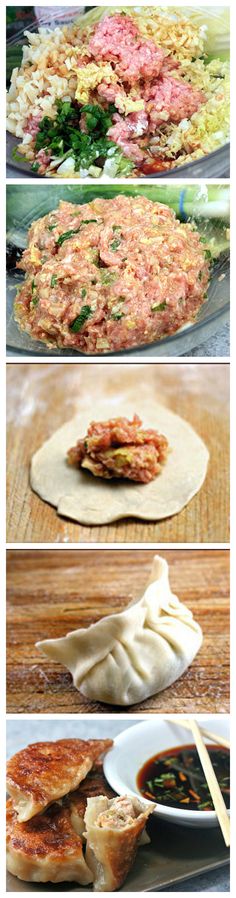 three different pictures of food being prepared on plates