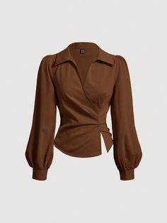 Women's Spring & Summer Solid Color Lantern Sleeve Ruched Waist Split Hem Commuter Blouse Brown Elegant  Extra-Long Sleeve Woven Fabric Plain Top Non-Stretch  Women Clothing, size features are:Bust: ,Length: ,Sleeve Length: Long Sleeves Tops For Women, Simple Shein Outfits, Baggy Tops For Women, Elegant Tops For Women, Best Tops For Large Bust, Blouse Women Outfit, Tops For Rectangle Body Shape, Cute Shein Clothes, Pink And Beige Outfit