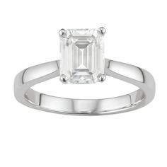 You'll adore the sleek style of this 14k white gold moissanite emerald-cut solitaire ring. RING DETAILS Width: 9.4 mm. Metal: rhodium-plated 14k white gold Includes: gift box & warranty card By Charles & Colvard  STONE DETAILS Stone type: lab-created moissanite Total weight diamond equivalent:Â 2 1/2 ct. Cut: emerald Setting: prong  Diamond equivalent carat (ct.) Total Weight (T.W.) represents the approximate total weight of diamonds of equivalent appearance.Please note, due to the Emerald Cut Solitaire Ring, Emerald Solitaire Ring, Ring Jewelry Box, Fine Ring, Sleek Fashion, 2 Carat, Jewelry Rings Engagement, Ring Ring, Engagement Ring Settings