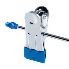 a blue and white tool holder with two tools attached to the back of it, on a white background