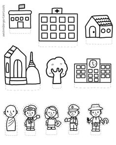 the cut out paper toy is showing different types of buildings and people in black and white