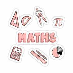 pink sticker with the words maths and various school related items on it, including scissors