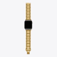 Made exclusively for your Apple Watch®, the Miller band is inspired by the iconic logo collection in gold-tone stainless steel. Designed to fit comfortably on your wrist, it is perfect for everyday wear. To attach, push the quick-release button on the back of the watch to slide out and replace the existing band. Adjustable Yellow Gold Watch Band With Bracelet Strap, Adjustable Yellow Gold Bracelet Strap Watch Band, Adjustable Yellow Gold Bracelet Watch Band, Adjustable Gold Watch Band With Solid Link Construction, Classic Yellow Gold Bracelet Strap Watch Bands, Modern Adjustable Watch With Jubilee Bracelet, Modern Adjustable Watch Bands With Polished Finish, Luxury Adjustable Apple Watch Band With Solid Link, Modern Adjustable Apple Watch Band With Solid Link Construction