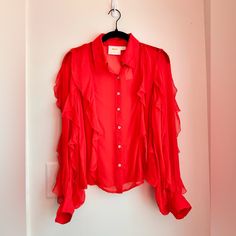 Maeve Red Ruffles Blouse New With Tags / Excellent Condition Feminine Red Ruffled Tops, Red Ruffled Feminine Tops, Red Feminine Ruffle Top, Relaxed Fit V-neck Ruffle Blouse, Layered Tunic, Red V-neck Rayon Blouse, Lace Sleeveless Top, Layered Blouse, Balloon Sleeve Blouse